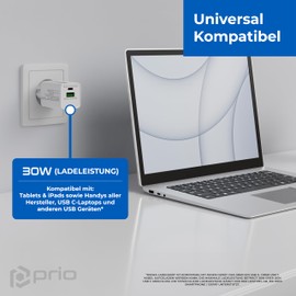 prio GaN Power Wall Charger 30 W PD PPS (USB C) + QC 3.0 (USB A) White
