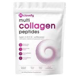 Polvo de péptidos de colágeno múltiple, 16 oz - Suplemento proteico, tipo I, II, III, V, X con ácido hialurónico, vitamina C y biotina, sin sabor, se mezcla fácilmente en bebidas (el empaqu