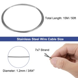 uxcell 3/64"(1.2mm) 304 Stainless Steel Cable Wire Rope 7x7 Strands Core 50ft (15M) Aircraft Wire for Construction Outdoors Marine Rigging Decking Railings