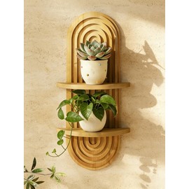 Bamworld Boho Wall Decor Plant Wall Shelf Mid Century Modern Decor Hanging Plant Shelf 2-Tier Wooden Floating Shelves for Home Bathroom Bedroom Living Room Office Holding Planter Decoration Natural