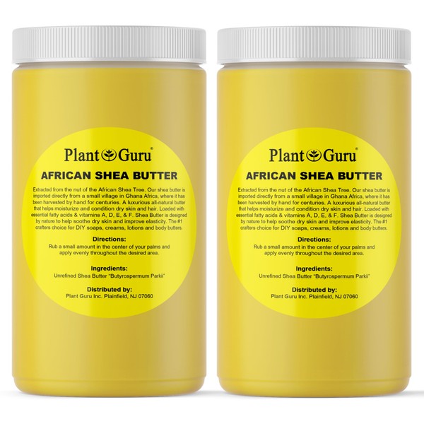 Plant Guru African Shea Butter (2 Pack) 32 Oz. 100% Pure Raw Unrefined Virgin Bulk Jar from Ghana Great Daily Moisturizer for Skin Body and Hair