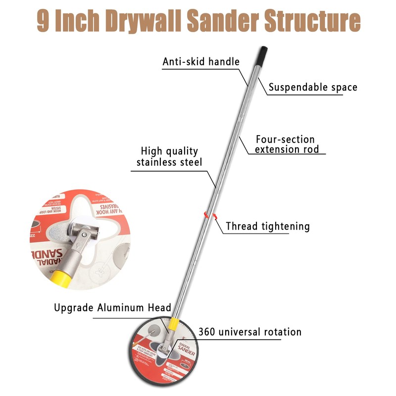 Radial Sander with Pole, 9 Inch Drywall Pole Sander, Wall
