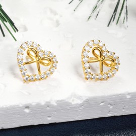 HAISWET 925 Sterling Silver Heart Earrings Bow Bowtie Studs for Women Teen Girls Sweet Love Studs Bowknot Earrings Gold Tone