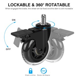 Hirate 5 Pack Office Chair Casters (2 with Brakes, 3 without), 3" Lockable Heavy Duty Swivel Caster Replacements Smooth Rolling for Hardwood Floor Carpet