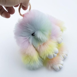 Unpafcxddyig Bunny Keychain Soft Rabbit Faux Fur Keyring Rainbow for Bag Backpack Handbag Accessories