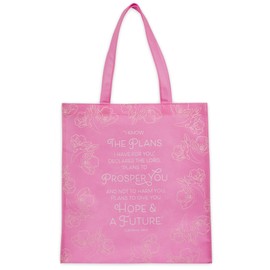 Christian Art Gifts Large Reusable Shopping Tote Bag for Women: Hope & Future Inspirational Bible Verse Durable Handbag, Travel, Groceries, Supplies, Reinforced Easy-Carry Handles, Pink & White Floral