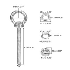 sourcing map Lifting Eye Bolt, 4 Sets M6 x 70mm Eye Bolt with Nut Washer 304 Stainless Steel Shoulder Lifting Ring Eye Bolt for Hanging Item