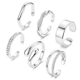 NICEIGHT 6Pcs 14K Gold Filled Toe Rings for Women Non Tarnish Silver Flower Hug Band Toe Rings Simple Adjustable CZ Twist Toe Ring Summer Beach Foot Jewelry for Women Sliver A