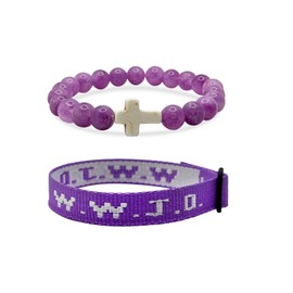 DOLLESS 2PCS WWJD Bracelets for Women Men Bead String What Would Jesus Do Bracelets Christian Jewelry Gifts (A-Purple)