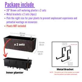 LaLaGreen Outdoor Rail Planter for Balcony (2 Pack, 20 Inch) Large Black Self Watering Railing Planters with Brackets, Rectangular Plastic Window Flower Box Fence Designer Choice with Rattan Pattern