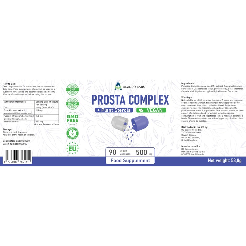 Alzuro Labs Prosta Complex | (Pygeum Africanum, Beta-Sitosterol, Kürbiskernextrakt) |