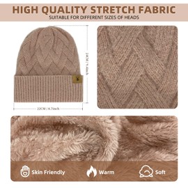 INSISMY Women's Hat Touchscreen Gloves Set Winter Warm Soft Double Layer Fleece Lined Beanie Skull Caps, khaki