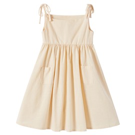 Niyage Toddler Dress Girls Tie-Shoulder Dresses Cotton Sleeveless Tie Strap Bow Casual Boho Sundress Beige 100