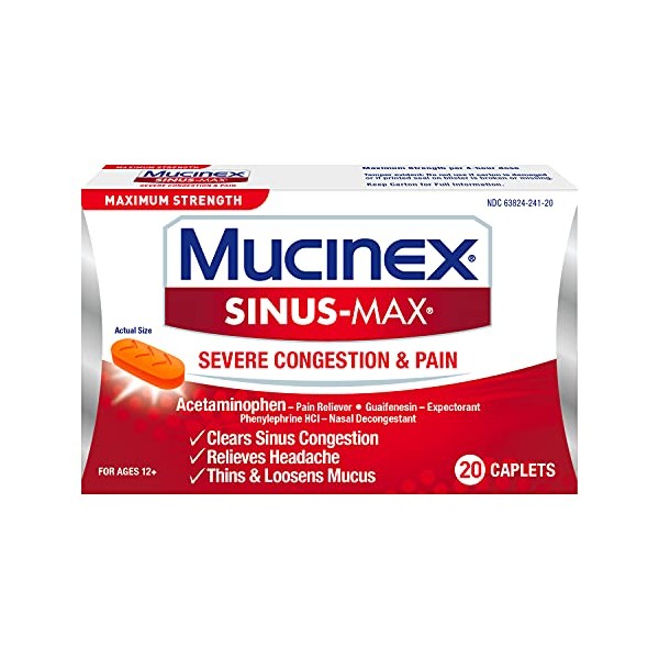Maximum Strength Mucinex Sinus-Max Severe Congestion Relief Caplets, 20 Count, Clears Sinus & Nasal Congestion, Relieves Headache & Fever, Thins & Loosens Mucus