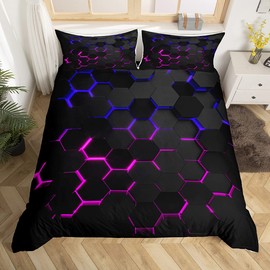 3D Honeycomb Duvet Cover Set Queen Size,Geometry Hexagon Theme with Pink Blue Neon Lights Comforter Cover,Boys Teen Man Chic Creative Home Bedding Quilt Cover 3 Piece with 2 Pillowcases,Black