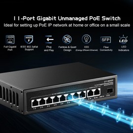 Binardat 11 Port Gigabit POE Switch, 8 POE+ Ports 1000Mbps, 2 Gigabit Uplink, 1 Gigabit SFP, IEEE802.3af/at, 135W Power Supply, Metal Case Unmanaged Plug and Play