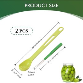 Olive Spoons, Multifunctional Two-in-one Olives Spoon with Pickle Picker, Plastic Long-Handled Fruit Scoop, Pickle Strainer Spoon, Suitable for Taking Canned Fruits and Ffood (Green 8 inch)