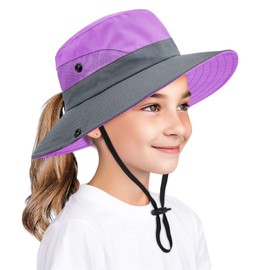 Zando Girls' UPF 50+ Sun Hat, Wide Brim Adjustable Hat with Ponytail Hole, Foldable Safari Hat for Kids Summer Beach Hat, Purple-Grey, 8-12 Years