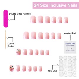 Press on Nails Short Square SWEKKE Pink French Tip Fake Nails False Nails with Designs Cute Cherry Charms Full Cover Glossy Glue on Nails Stick on Nails for Women Girls 24 Pcs