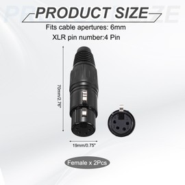 sourcing map 2pcs 4 Pin XLR Female Connector, Microphone Audio Cable Plug Mic Socket Accessories for Mixer, Power Amplifier, Black-2.76 inch