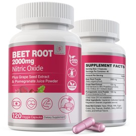Beet Root Capsules 2000mg Nitric Oxide Supplements w/ Grape Seed Extract, Pomegranate Extract Supports Circulation & Blood Flow, Energy for Men/Women, Organic Beetroot Powder, Non GMO, 240 Counts