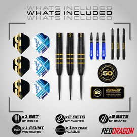 RED DRAGON DARTS - 50 Year Anniversary Player Edition - Luke Humphries 'Coolhand' 22g - Professional Steel Tip 90% Tungsten Darts Set - Includes Dart Flights & Dart Stems (Shafts)