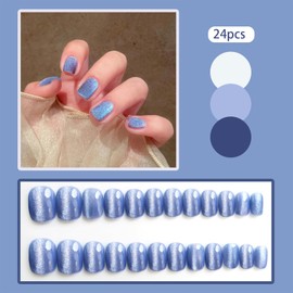 Square Press On Nails Short Blue Glitter Fake Nails Shiny Stick On Nails Opaque Acrylic Fake Nails Gel Polished Glue on Nails for Women Daily Wear 24Pcs