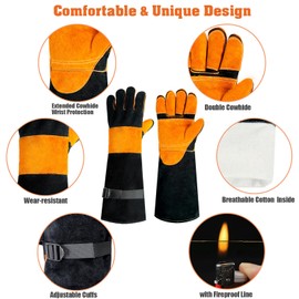 Leather BBQ Gloves,Heat Proof Grill Gloves,Heat Resistant Oven Mitts,BBQ Safety Gloves with Forearm Protector,Extreme Heat BBQ Gloves for Fireplace,Stove, Oven, Grill, BBQ, Pot Holder, Animal Handling