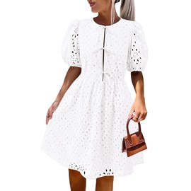 KIRUNDO Eyelet Summer Dresses for Women 2025 Short Sleeve Tie Front Babydoll A Line Wedding Guest Beach Vacation Sundress(White, Large)