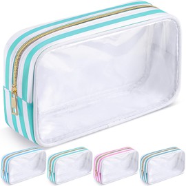 Kacctyen Clear Nylon Makeup Bag Preppy Cosmetic Bag Transparent Toiletry Pouch with Zipper Skincare Toiletry Pouch Portable Makeup Organizer for Women Travel(Teal Stripe)