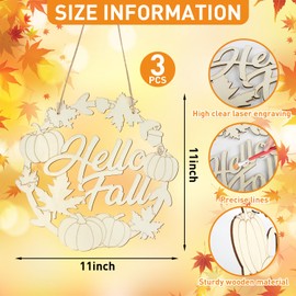 Unfinished Fall Wreaths Wood Crafts to Paint Set of 3, 11" Bulk Autumn Leaves Pumpkin Wreath Ornaments for Painting, Unfinished Wood Cutouts DIY Ornaments for Front Door with Ropes