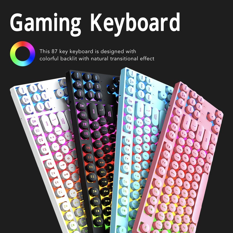 Gaming Keyboard USB Round 87 Keys Colorful Backlit Ergonomic Mechanical