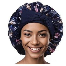 Blue Satin Bonnet, Sleeping Cap Night Cap for Women, Double-Layered, Can Be Worn on Both Sides, Hair Protection