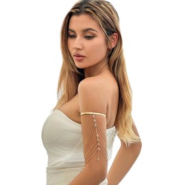 Rotaiboes Crystal Bead Tassel Upper Arm Chain Bracelet Multi-layered Tassel Armlet Adjustable Open Arm Cuff Bangle Bracelets Summer Beach Crystal Body Jewelry for Women (Gold)