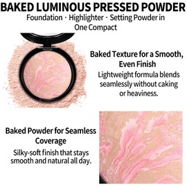 Baked Luminous Pressed Powder–Glow-Infused Foundation,Highlighter & Setting Powder in One–Color-Correcting,Oil-Control,Long-Lasting Coverage for All Skin Tones 01