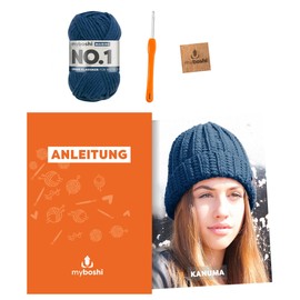 myboshi Kanuma Winter Hat Crochet Set, Includes No. 1 Wool, Needle and Instructions, Crochet Pack for Beginners, 30% Merino Wool Navy with Crochet Hook