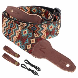 Nefelibata Banjo Strap, 2"Wide Full Grain Cowhide Guitar Strap Adjustable Replacement,Multi-pattern Guitar Strap With Headstock Rope and Leather Headband(Boho Brown)