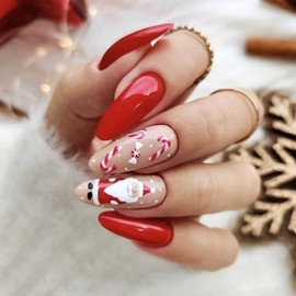 Christmas Red Press on Nails Round Shaped Fake Nails Santa Claus Crutch Design False Nails Full Cover Acrylic False Nails with Design Artificial Stick on Nails for Women Nail DIY Decorations 24Pcs