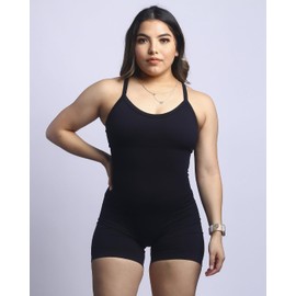 AUROLA Power Romper for Women Workout Yoga Gym Seamless One Piece Racerback Jumpsuit Tummy Control Padded Sports Bra, #1 Black, Small