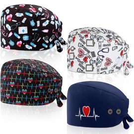 Unittype 4 Pcs Nurse Caps for Women Nursing Working Caps with Button and Sweatband Adjustable Elastic Scrub Hats for Dentist(Retro Style) Multicolored