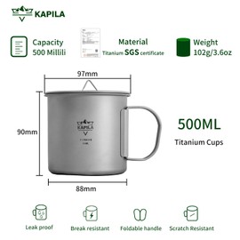 KAPILA 500ml Titanium Cup/Pot Lightweight Backpacking Camping Mug Foldable Handle Titanium Pot with Lid Camping Hiking Picnic Open Fire Cooking (500ML)
