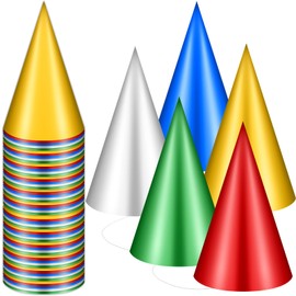 Haiabei 50Pcs Cone Party Hats Colorful Metallic Foil Birthday Cone Hats Bulk Set(Metallic Blue/Green/Gold/Silver/Red)