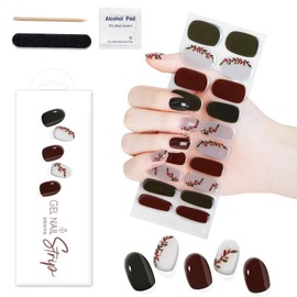 WOKOTO 1 Sheet Semi Cured Gel Nail Strips With Wood Stick, Nail File & Prepared Pads, 20 Tips Leafy Vine Semi Cured Nail Polish Strips, Harden With UV Light Gel Nail Wraps Stickers For Women