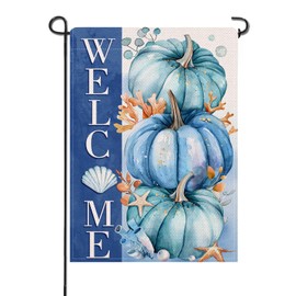 Artofy Welcome Fall Blue Pumpkin Beach Small Decorative Garden Flag, Autumn Coastal Shell Starfish Coral Yard Lawn Outside Decor, Thanksgiving Burlap Outdoor Home Decoration Double Sided 12 x 18