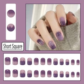 Square Press on Nails Ombre Purple Short Medium Fake Nails with Irregular Design, Press ons Artificial Acrylic Full Cover False Stick on Nail for Women Daily Wear Wedding Manicure 24Pcs