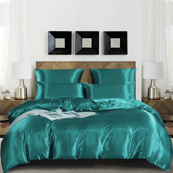 Damier Satin Bed Linen 135 x 200 cm Turquoise Gloss