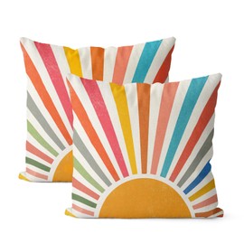 JEFERSO Summer Pillow Covers 20x20 Set of 2 Colorful Stripes Yellow Sunshine Decorations Outdoor Throw Pillows Boho Rainbow Sun Pillowcase Linen Decor Modern Farmhouse Cushion Case for Home Bedroom