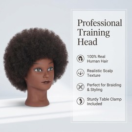 100% Real Hair Mannequin Head Training Head Manikin Cosmetology Doll Head for Hairdresser Practice Braiding Hair Styling with Clamp stand (18inch-2)