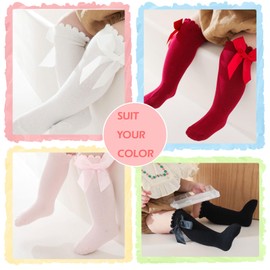 QKURT 5 Pairs Baby Girls' Knee-High Socks, Knitted Soft Baby Girl Stockings Infant Socks with Bow, Toddler Cotton Dress Socks