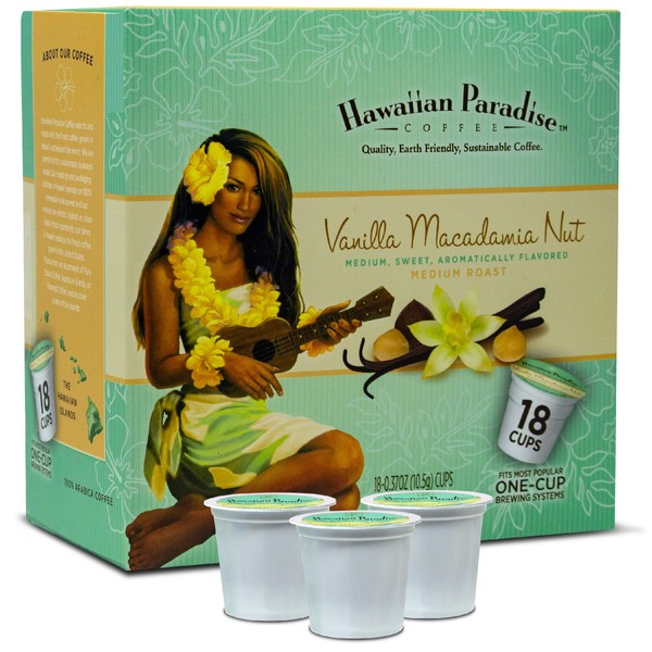 Hawaiian Paradise Coffee Vanilla Macadamia Nut Single Serve Cups 18 Count Medium Roast Sweet Aromatically Flavored - 100% Arabica Beans - Compatible with Keurig K-Cup Brewers
